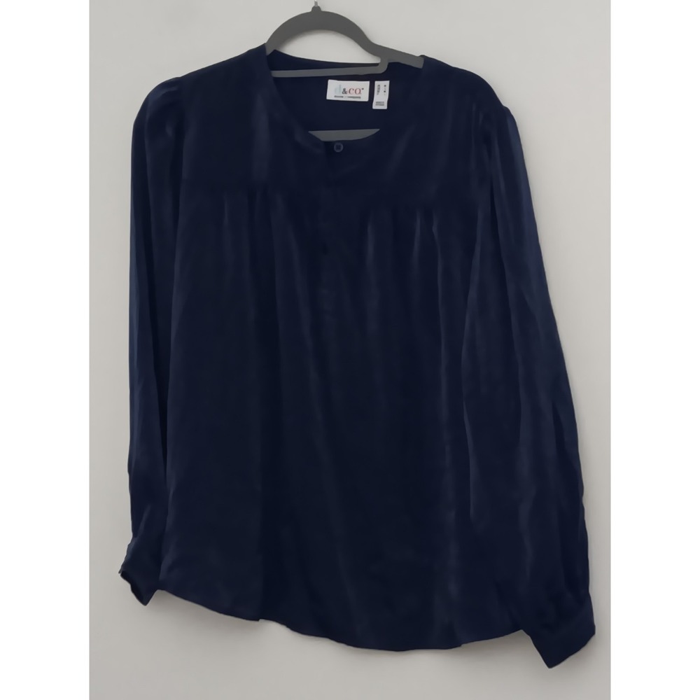 Denim Co Henley Blouse Women's Size M Long Sleeve Top with Shirring Detail Navy